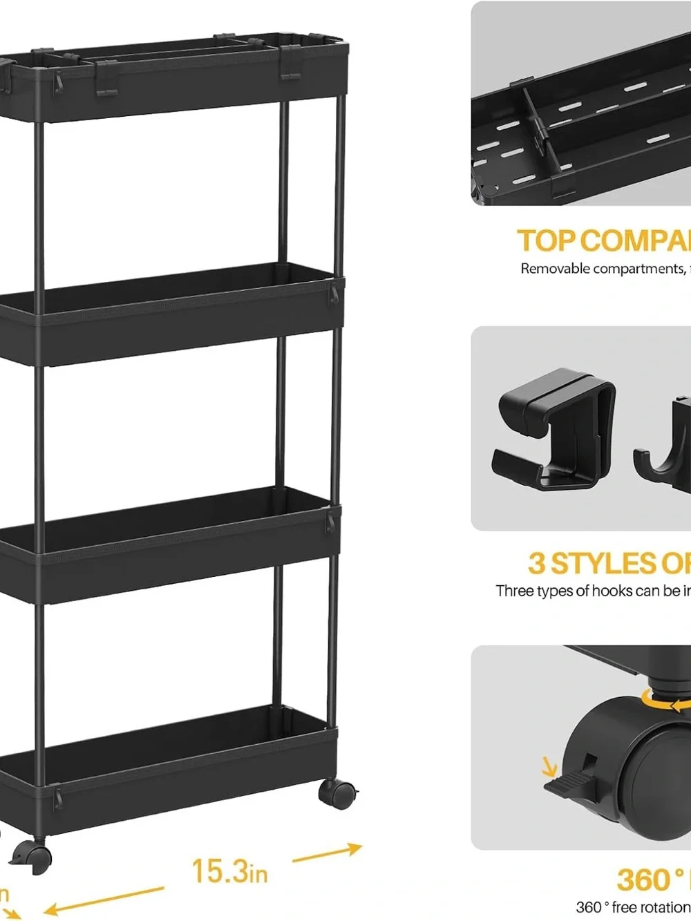 Black 4-Tier Rolling Bathroom Storage Shelf - Brand